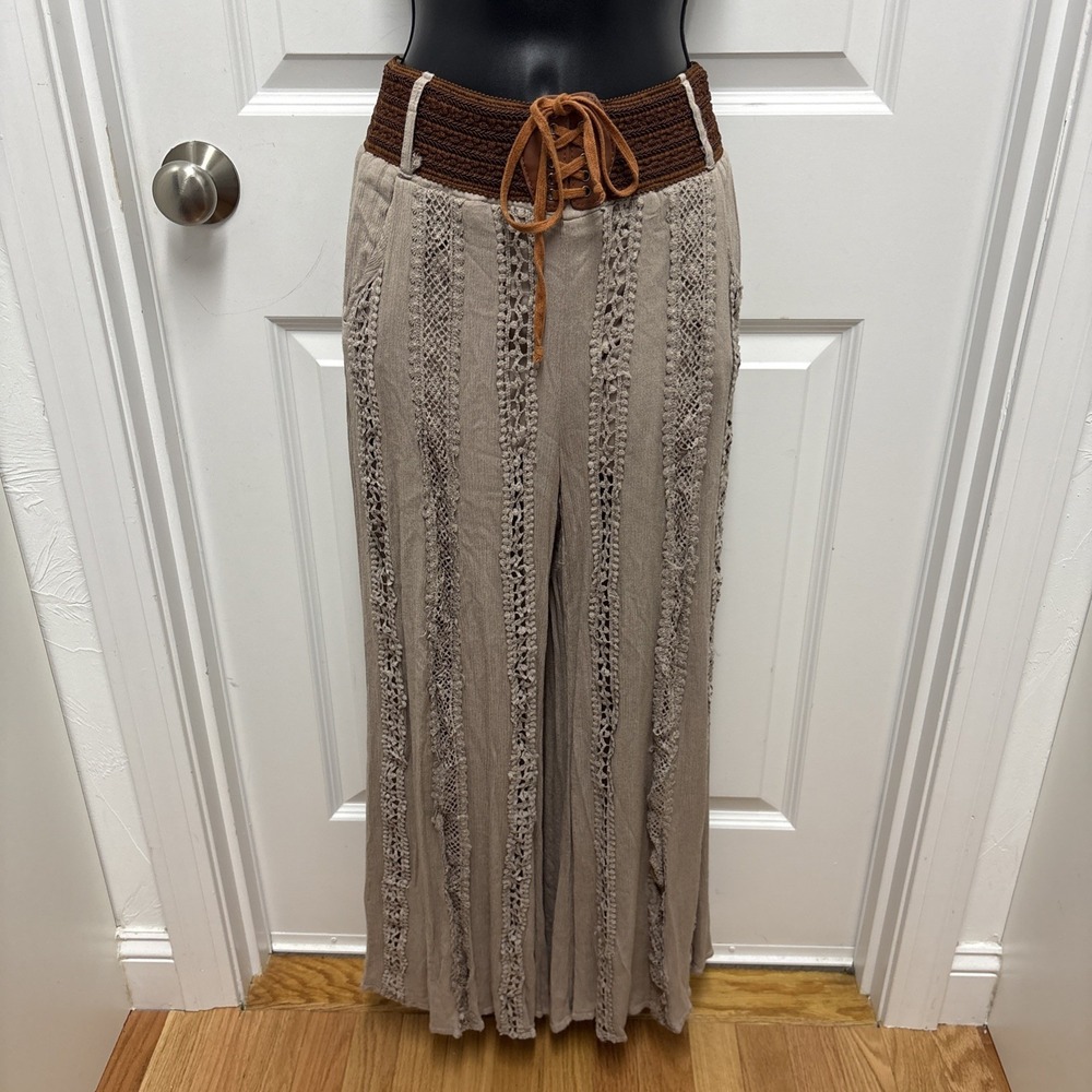 Crochet Pants Wide Leg Boho Festival Coquette Lined Flowy Hippie Flare - Small